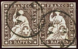 1858: 5 Rp. braun, Strubel Paar mit unterem Bogenrand, 22D