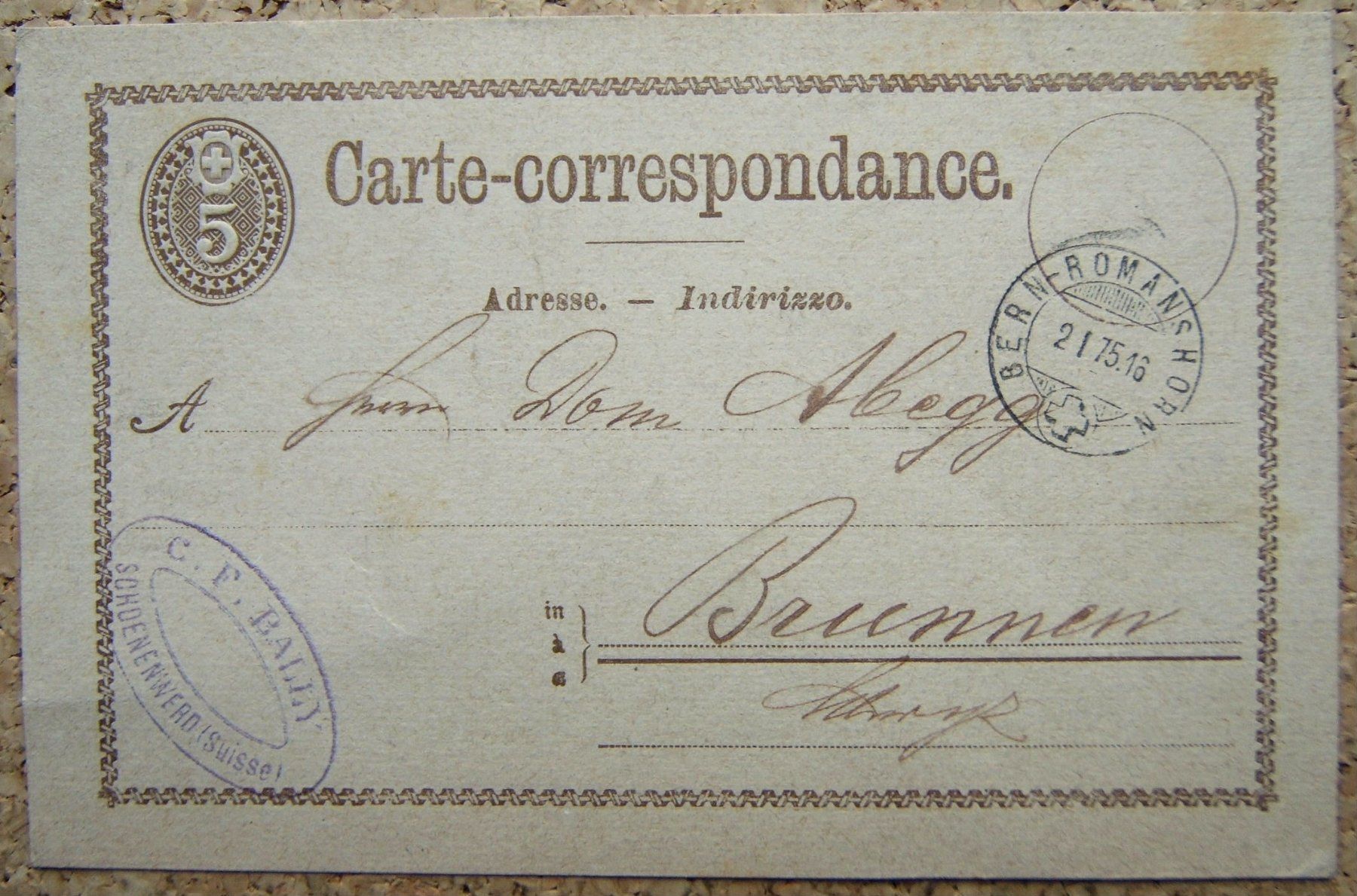 Tutti i francobolli: POSTKARTE MIT BAHNPOSTSTEMPEL BERN-ROMANSHORN 1875 – Usato da Brunnen venduto da Nonne04