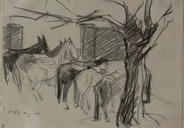 50.er Jahre Pferde Stall Zeichnung Handsigniert