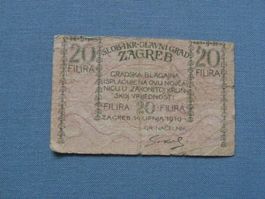 Seltene 20-Filira-Banknote, Zagreb 1919, Top Zustand!