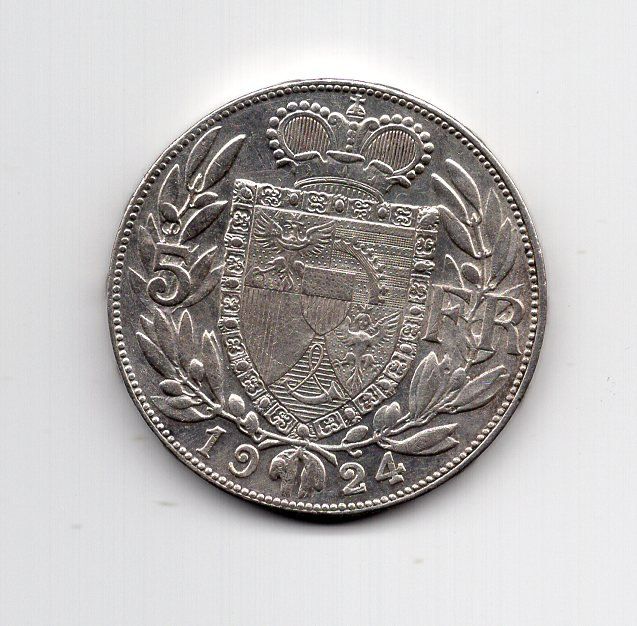 Tutti le monete: (1859) FL, 5 Franken 1924, top – Usato da Rüthi (Rheintal) venduto da erdnuessli1