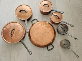 Kupferpfannen Set 6 Stück Stiel Deckel, grosse Paella-Pfanne