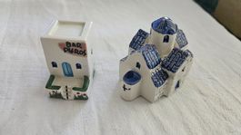 2 piccole casette decorative in ceramica dipinta a mano