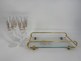 4 Gläser und 1 Tablett Glas Gold Weizenähre