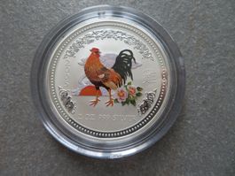 Münze Lunar I Serie Hahn 2005 / 2 OZ Silber in Farbe