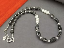Unikat 💎 Neue Kette Lavasteinen + versilberten Perlen