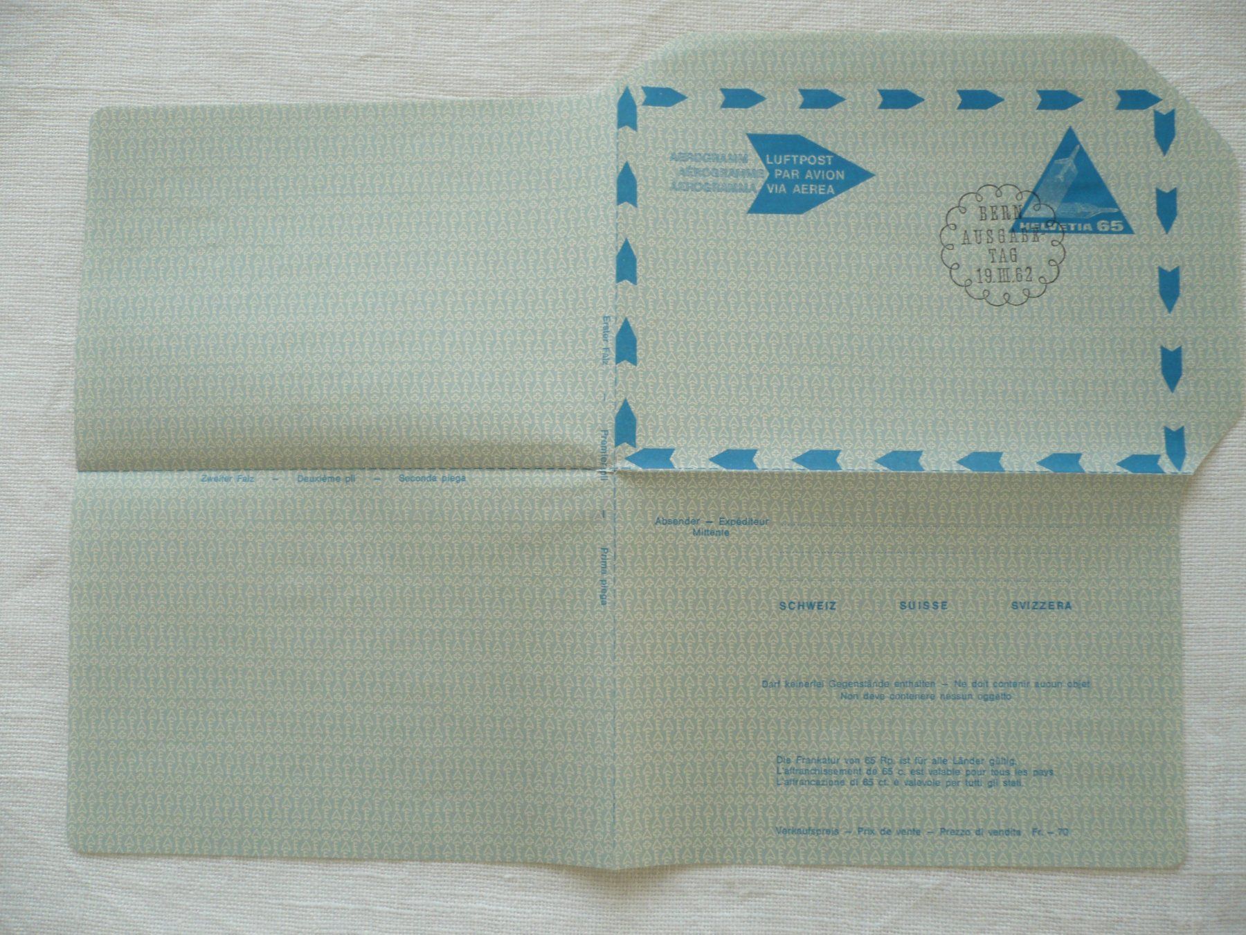 Tutti i francobolli: 1962 Aerogramm ET – Usato da Zürich venduto da saltandpepper008