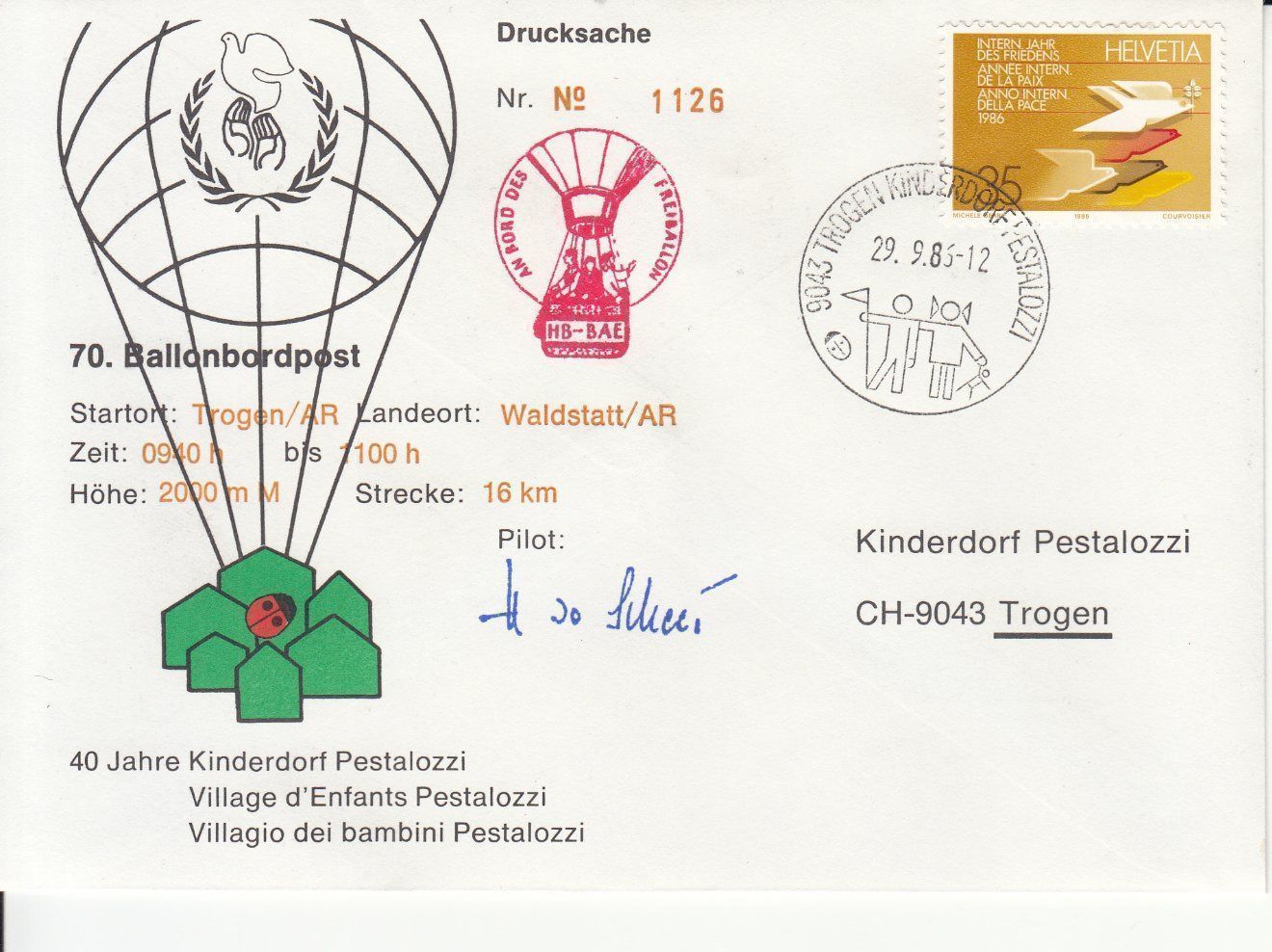 Alle Briefmarken: 70. Ballonbordpost Trogen-Waldstatt 1986 – Gebraucht aus Bürglen TG von StampGraf