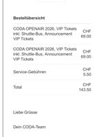 2 VIP-Tickets für CODA Openair vom 11.7. zu verkaufen