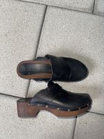 Black Leather Clogs with Wooden Heel