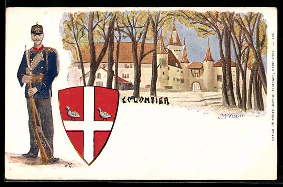 Ansichtskarten: Colombier, Château, blason et soldat – Gebraucht aus Berlin von bartko-reher