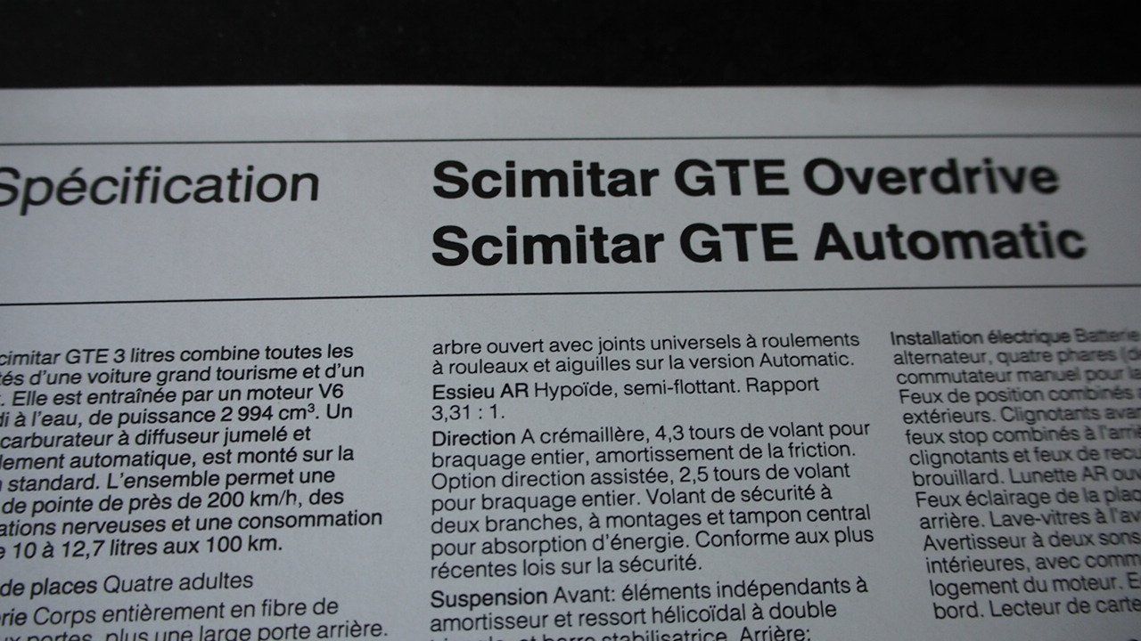 Reliant Documenti: Reliant Scimitar GTE Spez.blatt 1977 – Usato da Zofingen venduto da sosalinos01 1