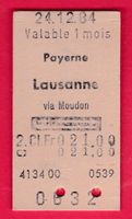 KARTON BILLETT, PAYERNE - LAUSANNE, 2.KLASSE, RETOUR, 1984