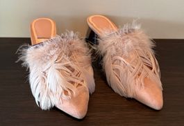 Coole spezielle Damen Schuhe Pantoletten rosa Federn