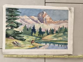 Superbe aquarelle ancienne  montagne et sapins, signé 