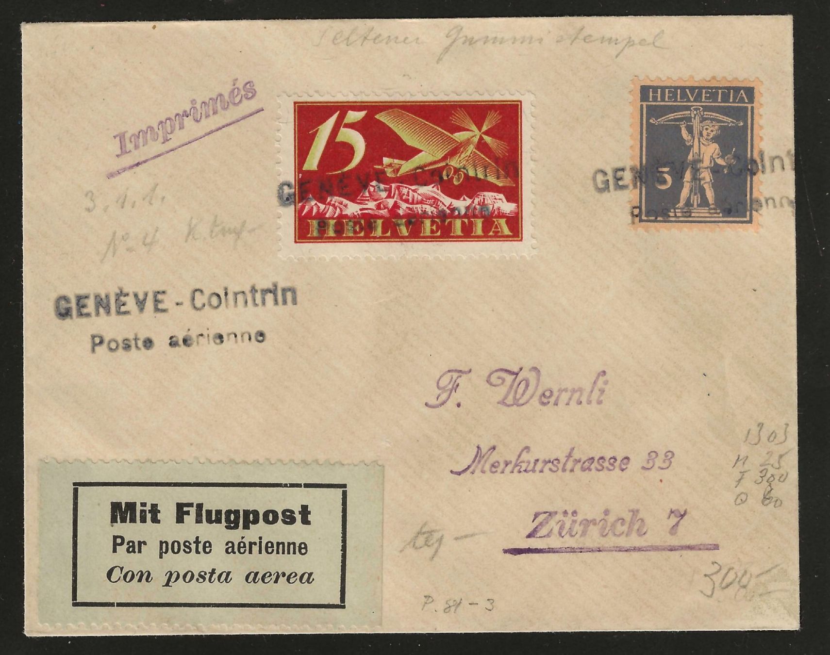 Alle Briefmarken: 1925 : Flugbrief mit seltenem Stempel Genève - Cointrin – Gebraucht aus Gümligen von Geniusbuy
