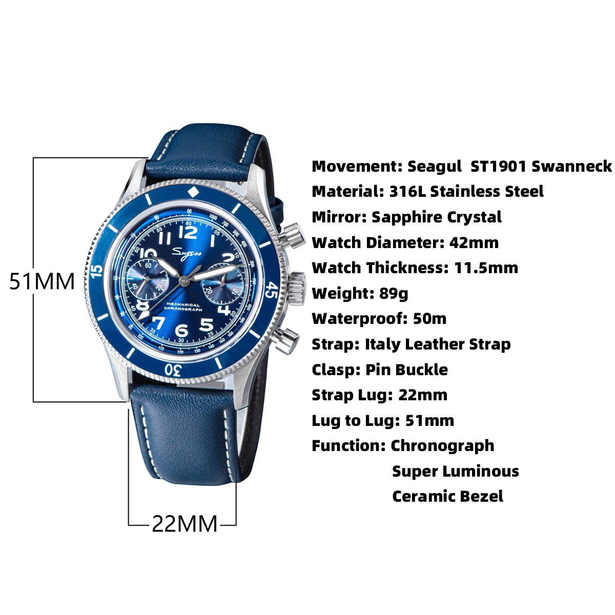 Orologi: Sugess Chronograph Mechanisch Fliegeruhr – Nuovo (secondo la descrizione) da Suhr venduto da ChronixChronometer 8