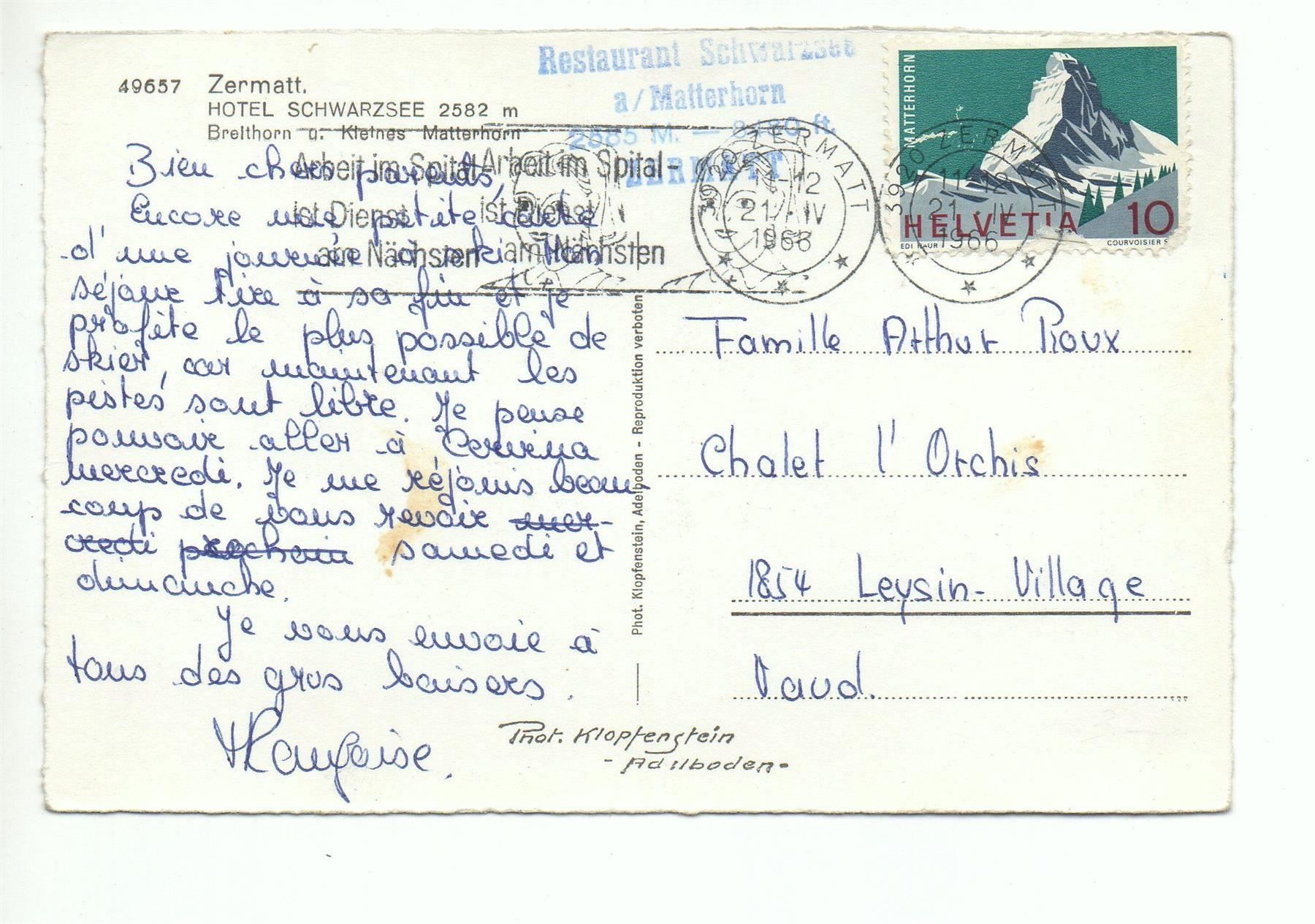 Cartoline postali: ZERMATT Hotel Schwarzsee – Usato da Jona venduto da philajona 1