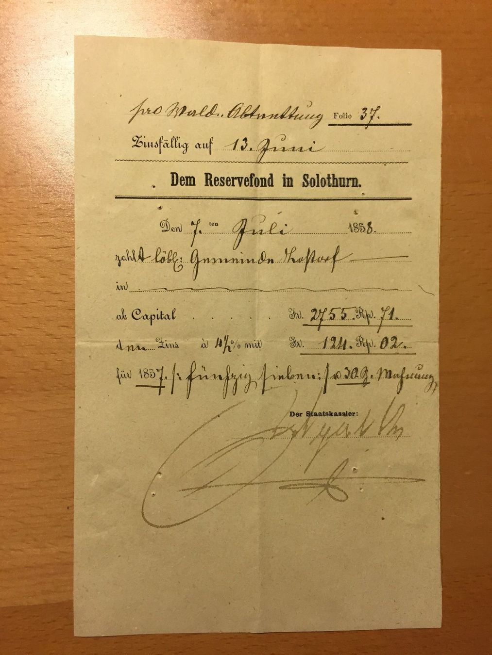 Livres: Hist. Zinsquittung Solothurn von 1858 – D'occasion à Lostorf par Spiridon