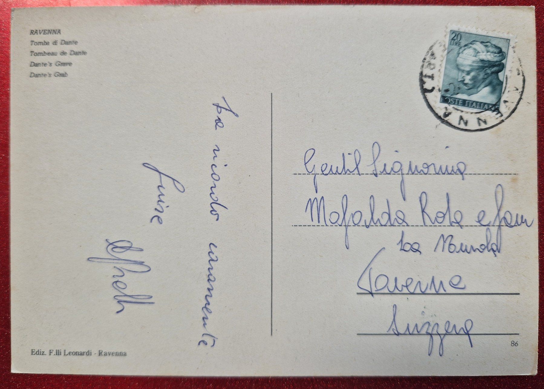 Cartoline postali: Ravenna, Grabmal von Dante 1961 – Usato da Melchnau venduto da Arthurius 1