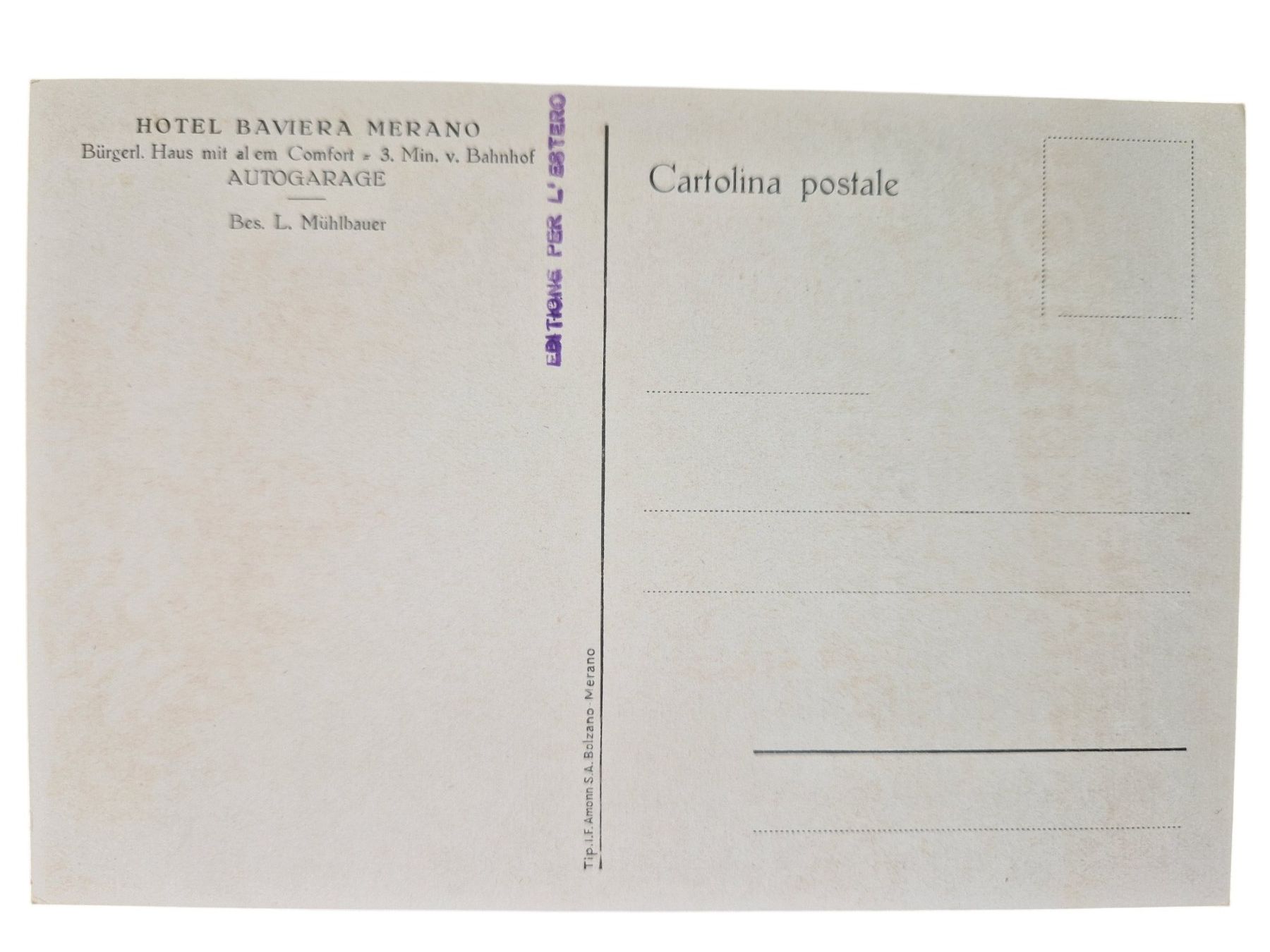 Cartoline postali: Ansichtskarte Werbung Hotel Bavaria Merano 1950er – Usato da Mörschwil venduto da aik_x8mc 1