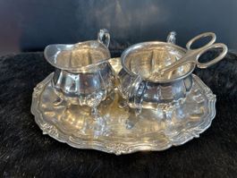 Milch & Zucker Set versilbert mit Zange & Tablett Dänemark