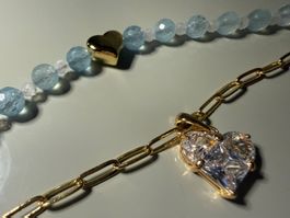 Aquamarin & Mondstein Layering Halskette Collier mit Herzen