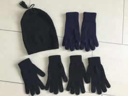 Set 1 Mütze + 3 Handschuhe schwarz gebraucht guter Zustand