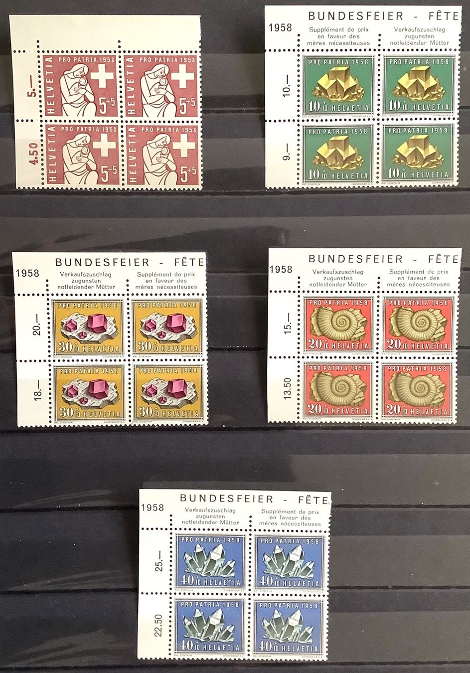 Tutti i francobolli: 1958 Pro Patria Viererblöcke mit Bogen - Eckrand ** – Nuovo (secondo la descrizione) da Liestal venduto da Skunk02