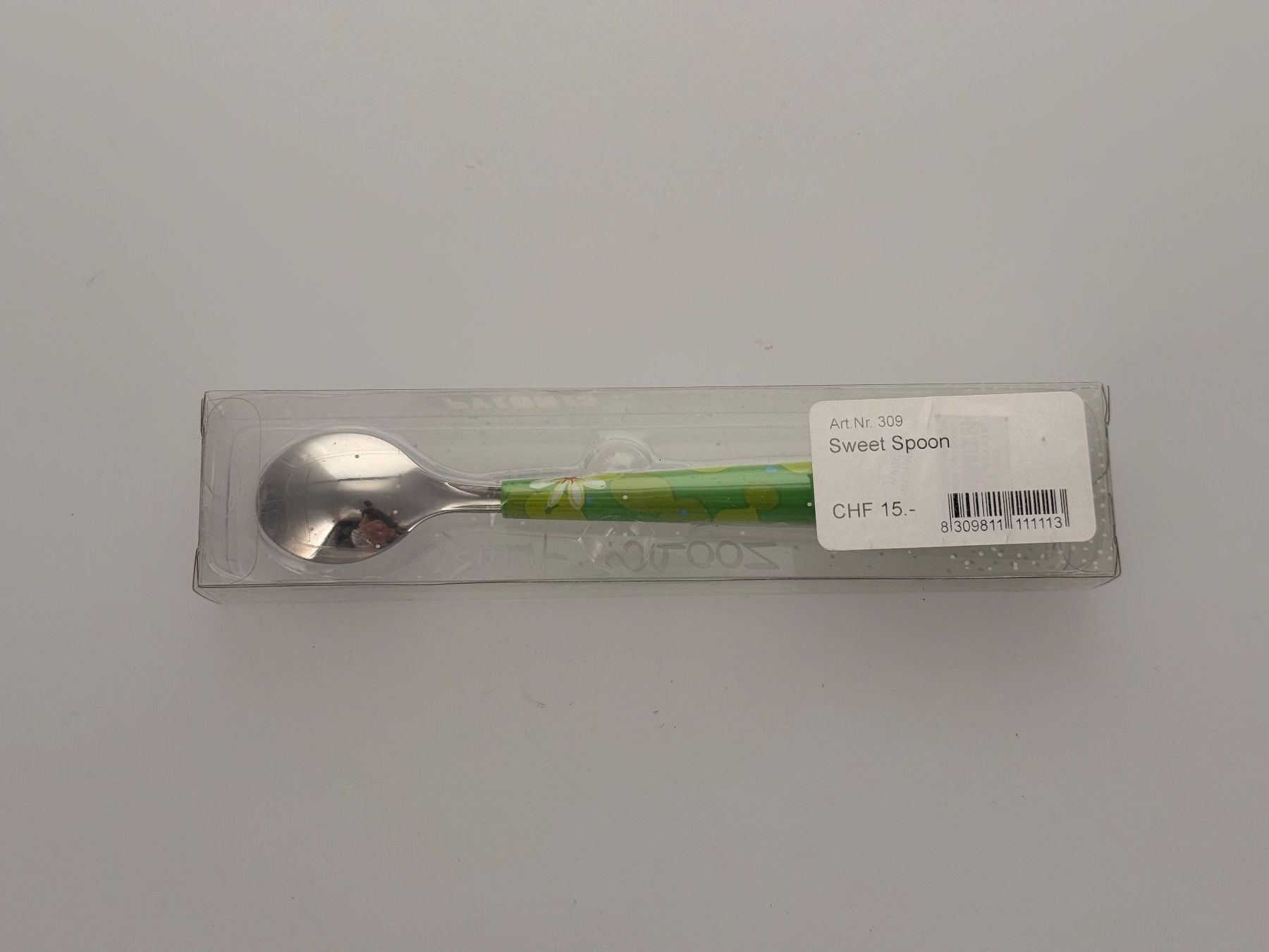 Cucchiai: Löffel Blumenmuster grün mit Verpackung – Nuovo e nell'imballaggio originale da Zug venduto da isdach 1