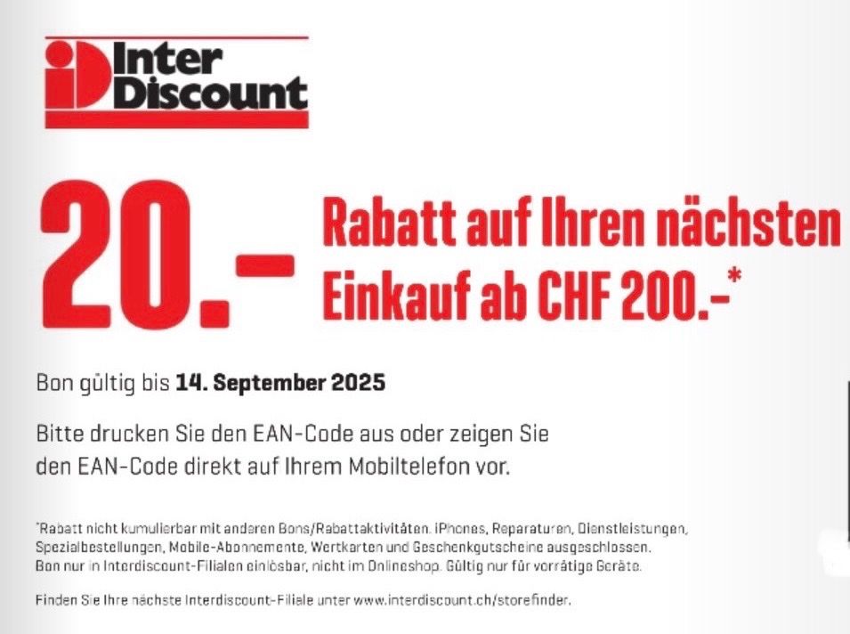 Interdiscount Buoni: Interdiscount 20 CHF Gutschein – Nuovo (secondo la descrizione) da Zürich venduto da Marcel_2202