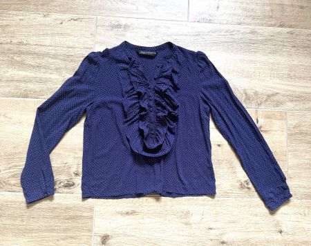 ZARA crop Bluse blau weiss Punkte stretch Rüschen M Volants