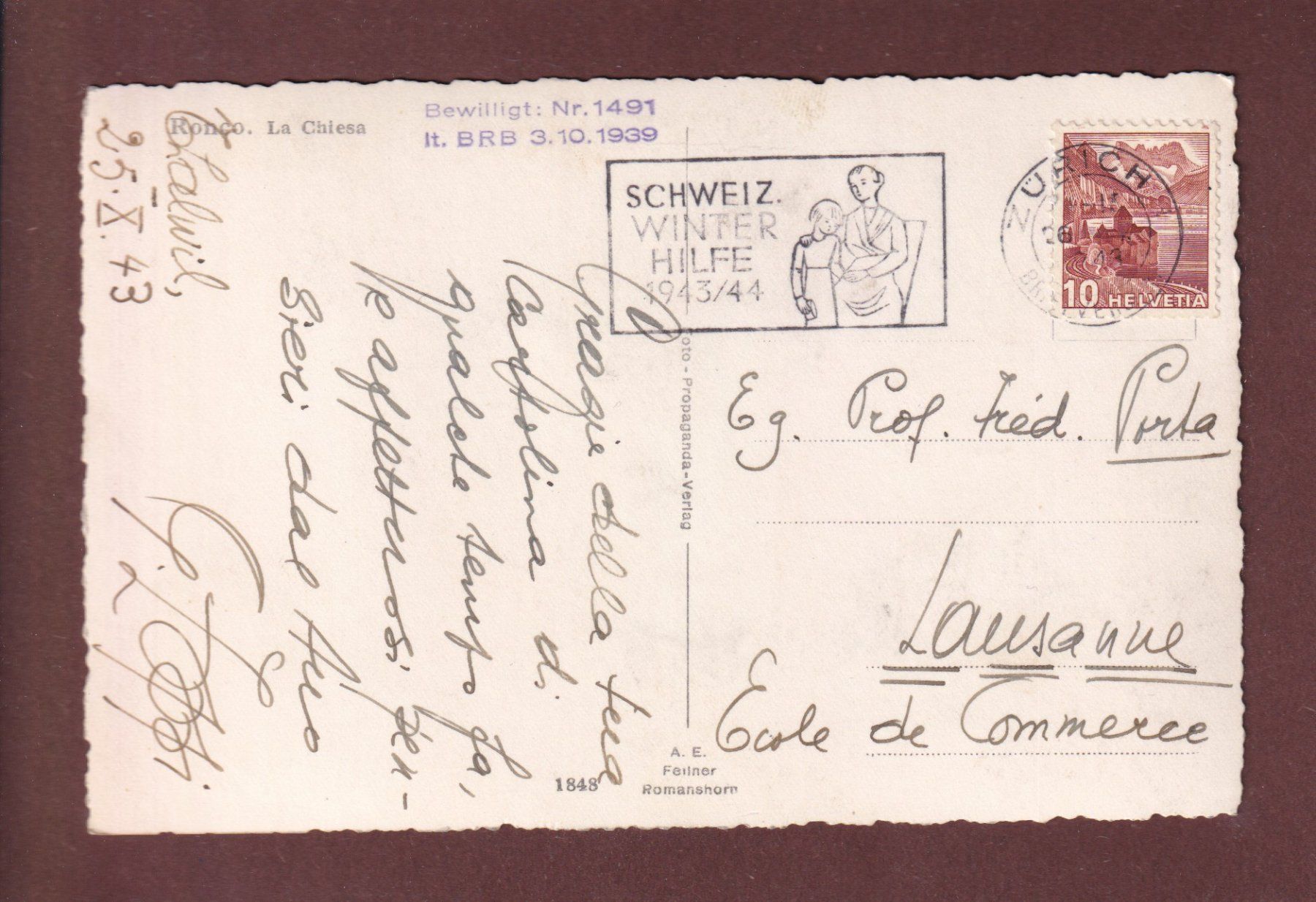 Cartoline postali: RONCO - Chiesa - 1943 – Usato da Pully venduto da nicecards-shop 1