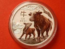 1 OZ LUNAR 3 III Year of the Ox 2021 COLORED SILBER UNZE