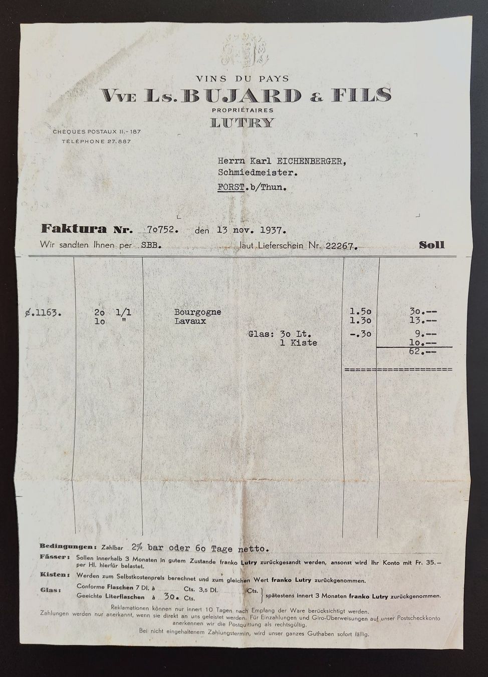 Enveloppes & pochettes d'envoi: Couvert Bujard Vins 1927 mit Rechnung – D'occasion à Lenzburg par Dani_Lenzburg 2
