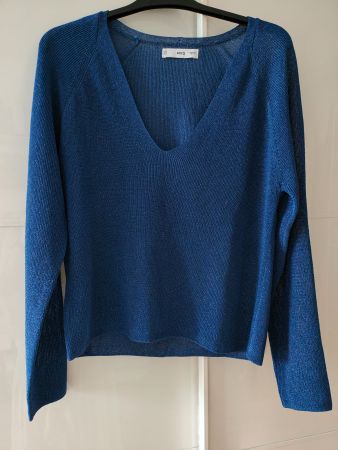 Blauer Pullover mit Glitzergarn, V-Ausschnitt (Mango)  L