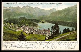 Lithographie St. Moritz, Ortsansicht mit See und Bergen