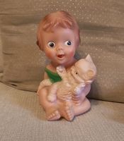 Quietsch-Gummipuppe Kind mit Katze Made in Italy Vintage