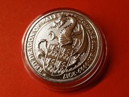 2 Oz Unze Queen's Beasts The Red Dragon of Wales 2017 SILBER