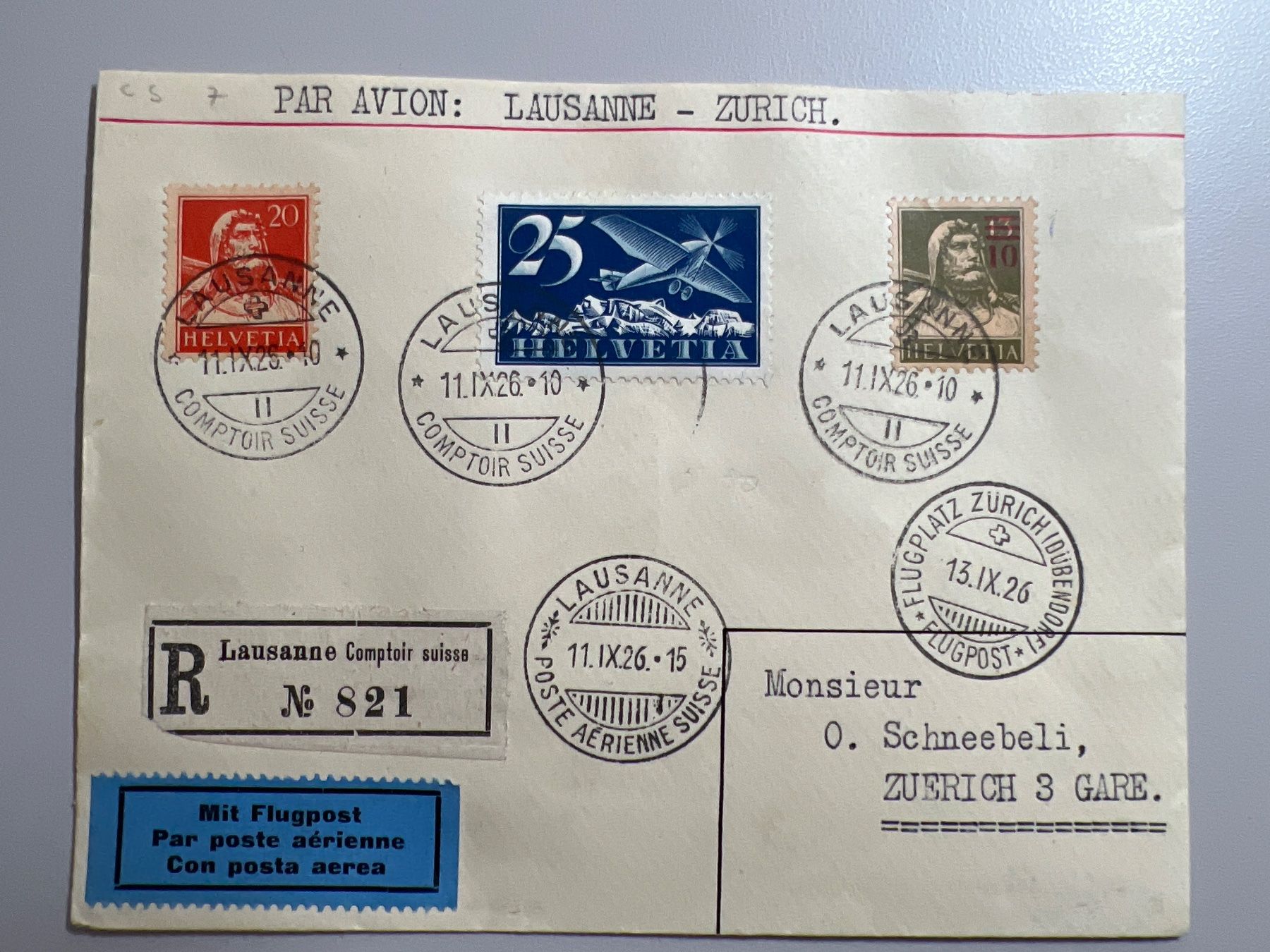 Tutti i francobolli: Flugpostbrief Comptair Lausanne 1926 CS7 – Usato da Buchrain venduto da wmm