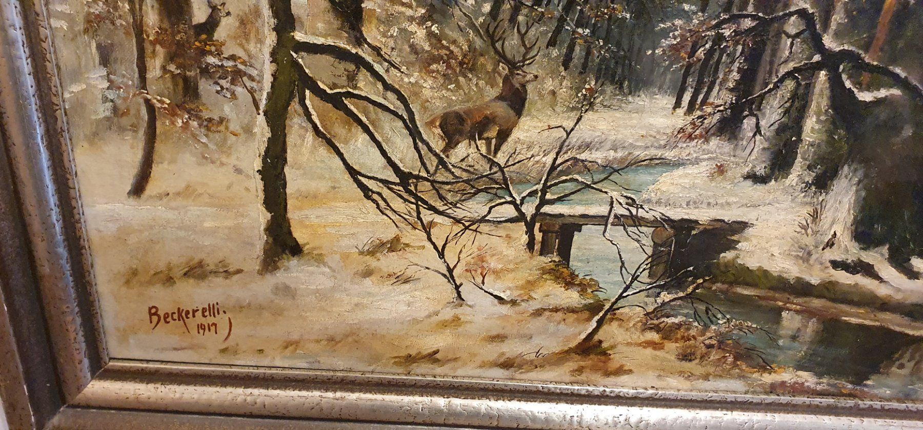Dipinti: Gemälde -  Jean Beckerelli  "Winterlandschaft mit Hirsch" – Usato da Kreuzlingen venduto da Rschweiz1 1