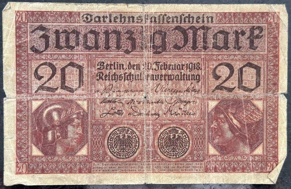 Banconote: Alte 20 Mark Banknote - Darlehenskassenschein, 1918 – Usato da Beringen venduto da Mantafisch1