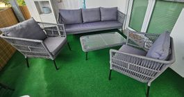 Lounge Gartenmöbel Set  Grau 3-Sitzer Sofa 2 Sessel Tisch