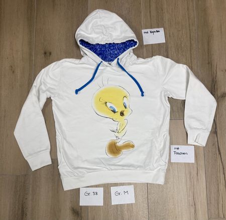 Tweety Hoodie, Gr. M/38, Weiss, Aufdruck beidseitig