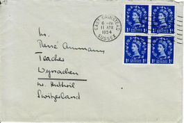 Brief, England 1954 mit 4er Block