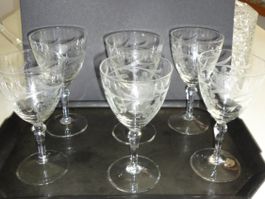6 Vintage Weingläser geschliffen mit Gravur