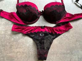 Dessous Set Jette BH Slip Pink Schwarz Spitze Grösse 80AA 36