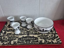 1 plateau,4 coquetiers,1 bol décor vaches La Poya C22