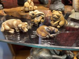 4 netsuke bunny, hund, ratte, welpe