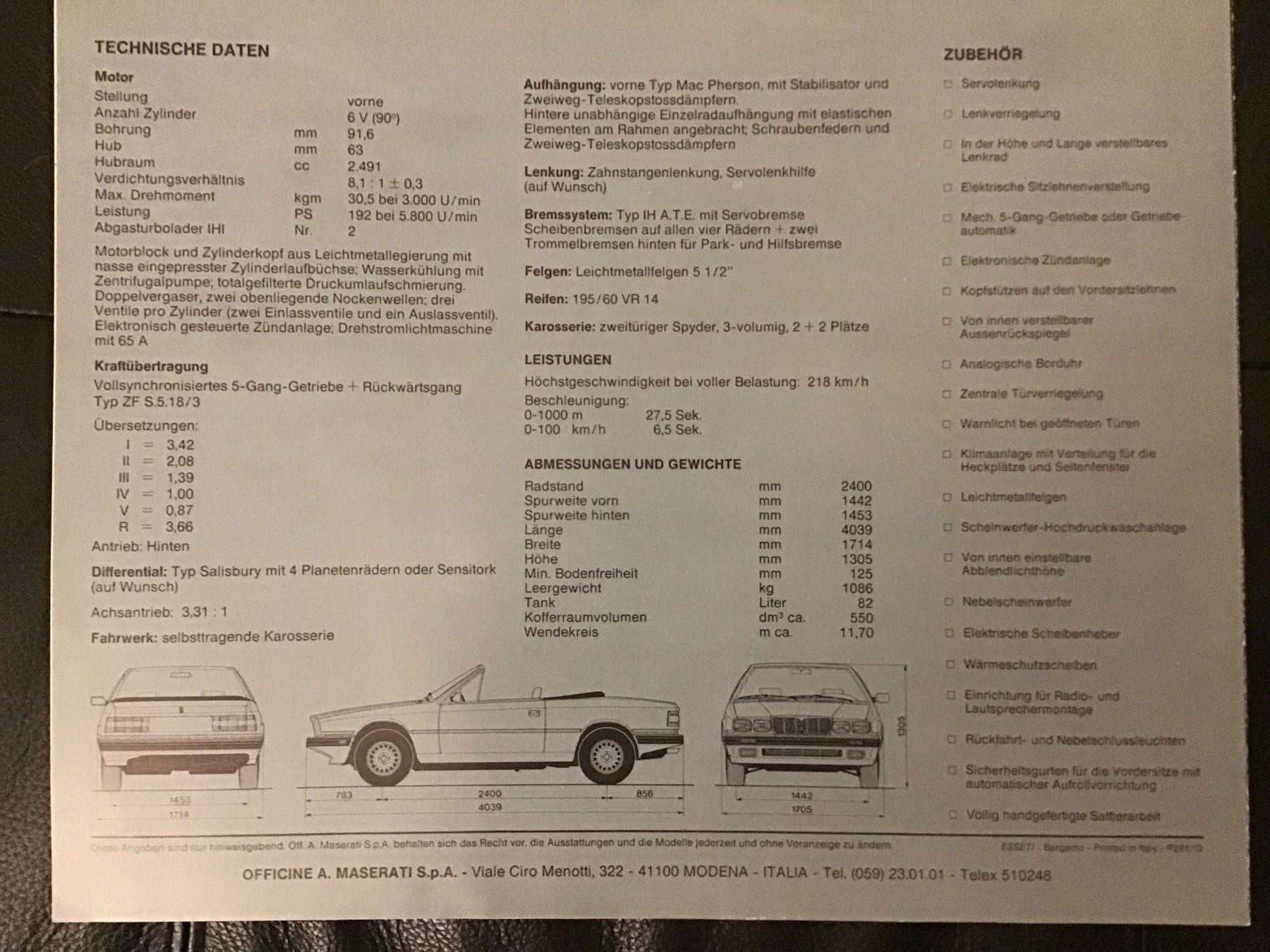 Maserati Documenti: Maserati Spyder Faltprospekt 1981 – Usato da Scherzingen venduto da Starseller62 1